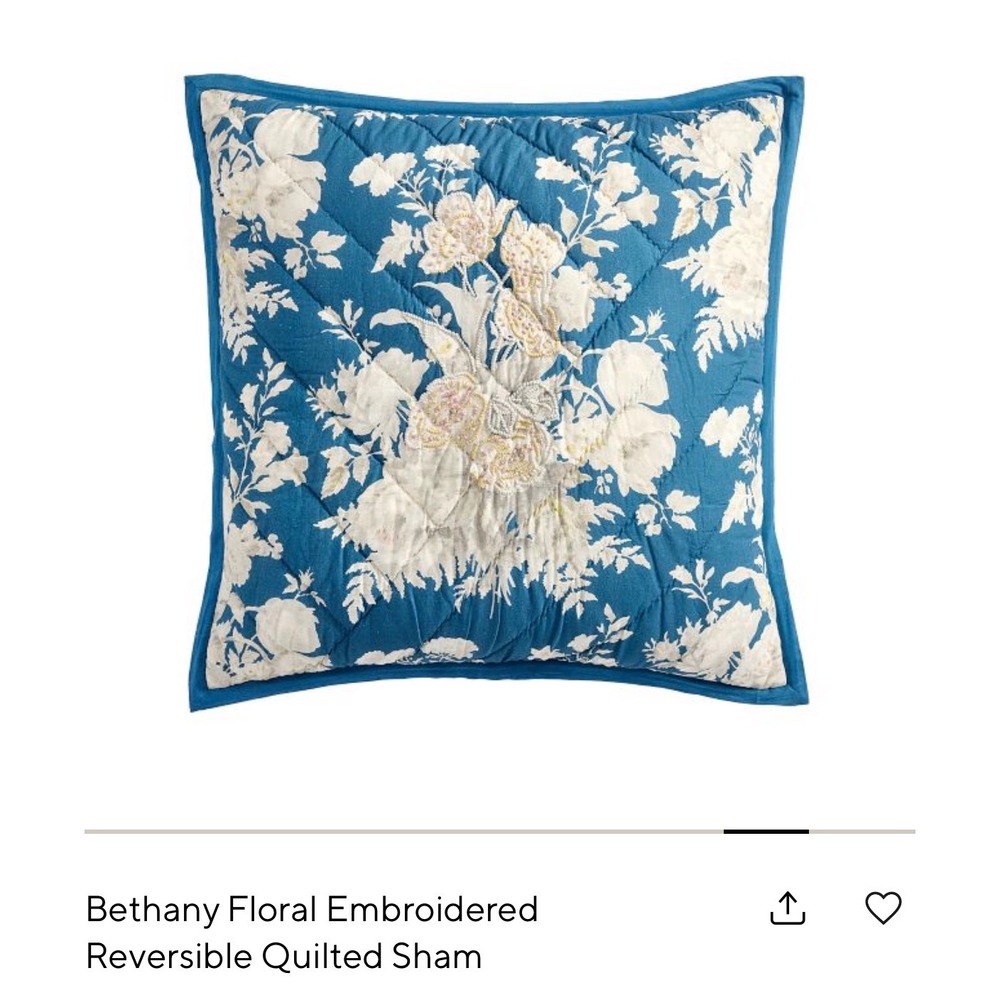 Pottery Barn Bethany Floral Embroidered Reversible Quilted Euro Sham 26x26 Blue